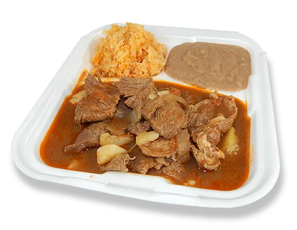 a combo tray with steak, rice, and beans.