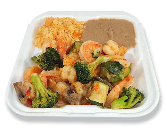 a combo tray with shrimp, rice, and beans.