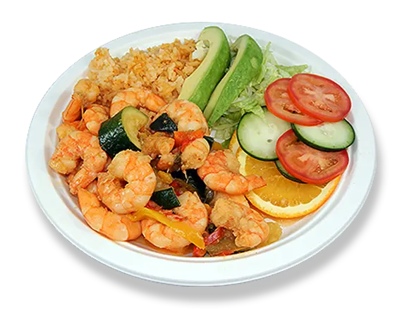 a plate with shrimp, rice, avocado, tomato, and cucumber slices.
