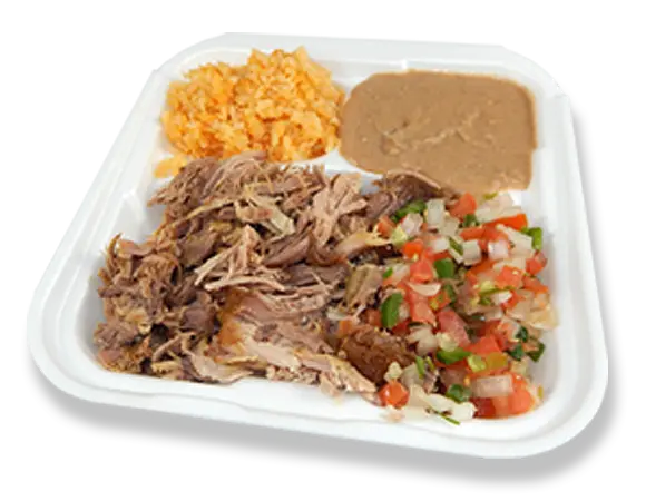 a combo tray with carnitas, rice, beans, and pico de gallo