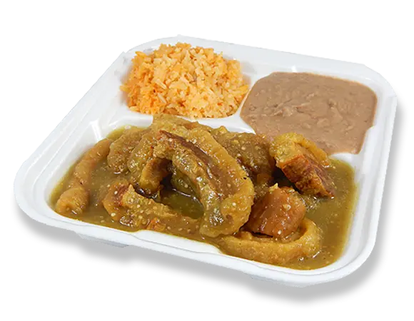 a combo tray with chicharron en salsa verde, rice, and beans.