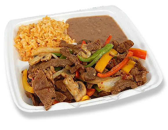 a combo tray with beef fajitas, rice, and beans.