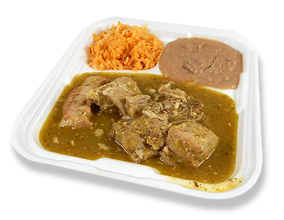 a combo tray with costilla de puerco en salsa verde, rice, and beans.