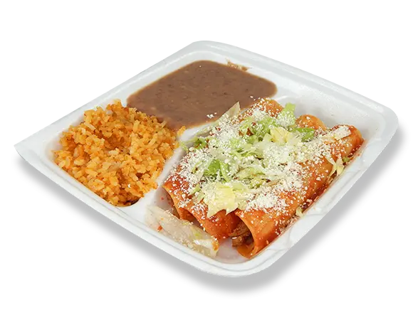 a combo tray with enchiladas, rice, and beans.