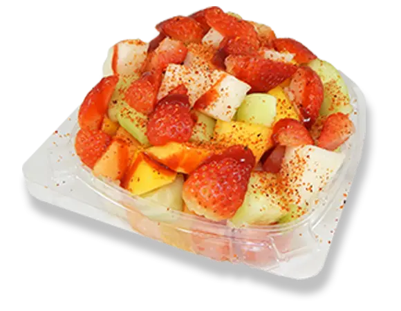 a tray of chopped and diced fruit.