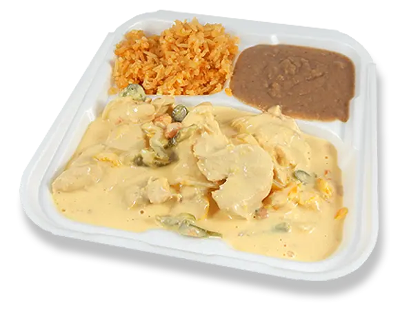 a combo tray with pollo a la crema, rice, and beans.