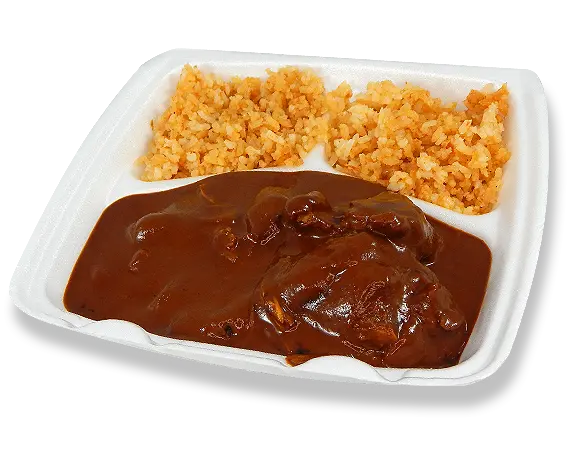 a combo tray with pollo con mole and rice.
