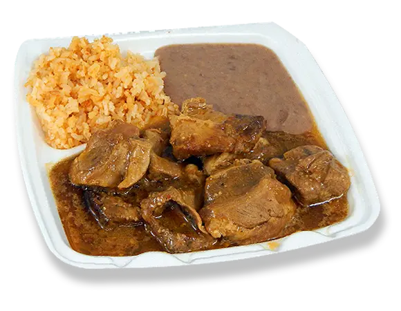 a combo tray with puerco en salsa roja, rice, and beans.