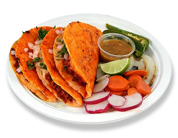  a plate of quesabirrias and a side of sliced carrots, onion, and radish slices. 