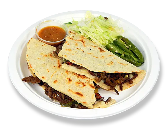 A plate of beef quesadillas with a side of lettuce and green pepper.