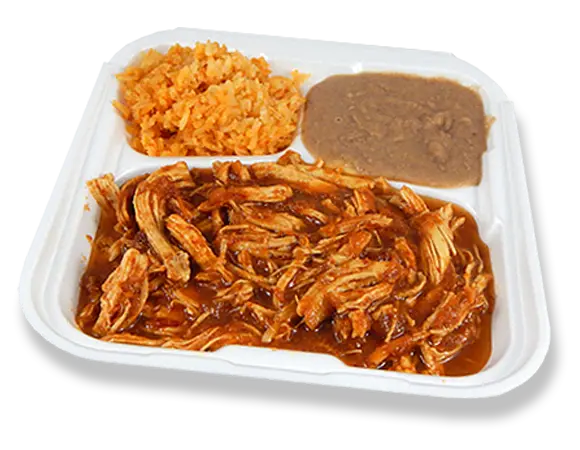 a combo tray with tinga de pollo, rice, and beans.
